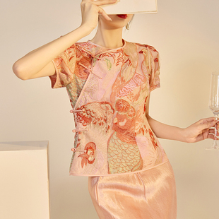 AYOMIS新中式气质刺绣上衣女2025夏季新款国风五彩鹦鹉桑蚕丝衬衫