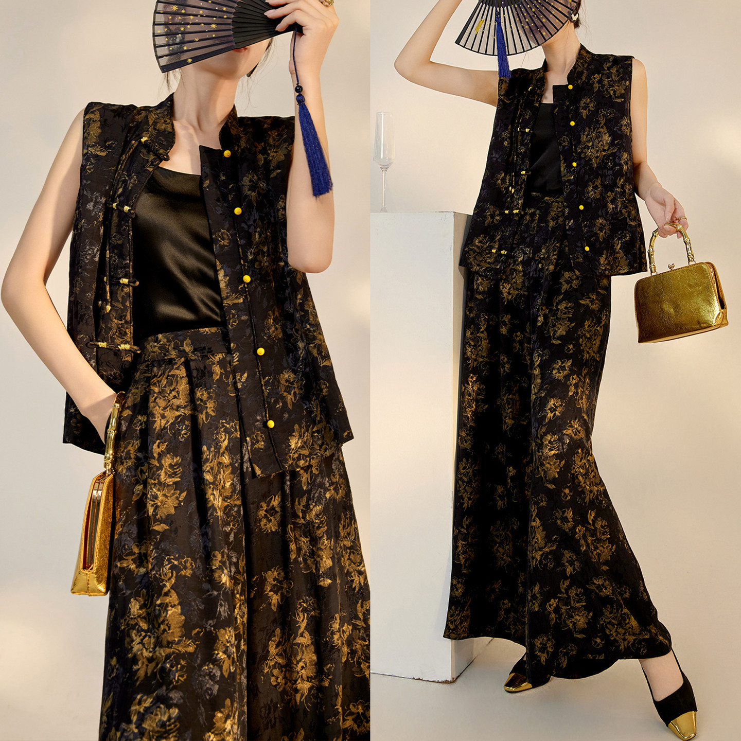 AYOMIS老钱风金丝提花新中式套装夏季国风无袖马甲上衣/阔腿长裤