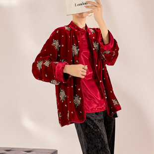 AYOMIS新中式高端珍珠扣外套2025秋冬新年国风桑蚕丝钉珠刺绣上衣