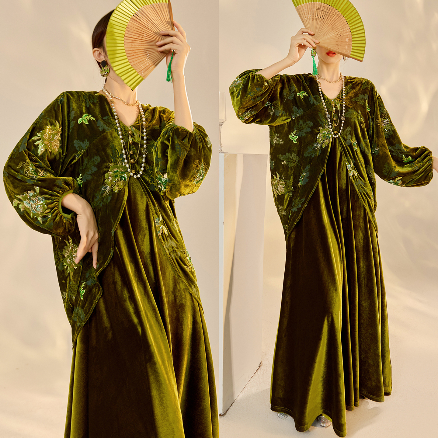 AYOMIS【锦上花】新中式秋装珠绣丝绒烂花禅意拼接宽松气质连衣裙