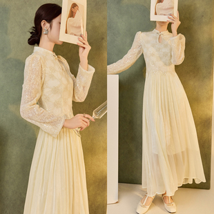 AYOMIS原创款归国千金拼接刺绣连衣裙2025早秋新中式高级轻奢长裙