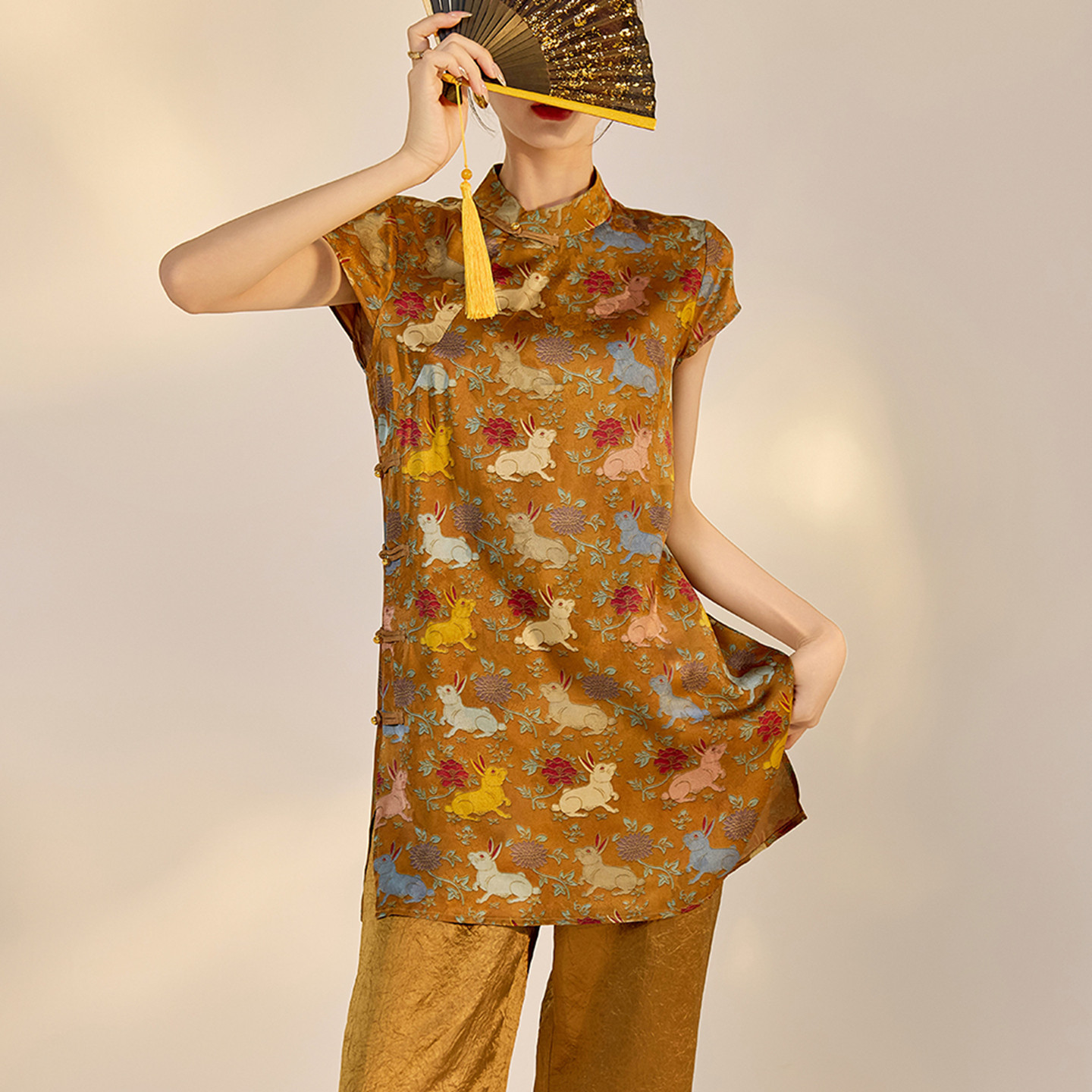 AYOMIS【玲珑福兔】新中式立领斜襟小个子短款旗袍裙夏季连衣裙女