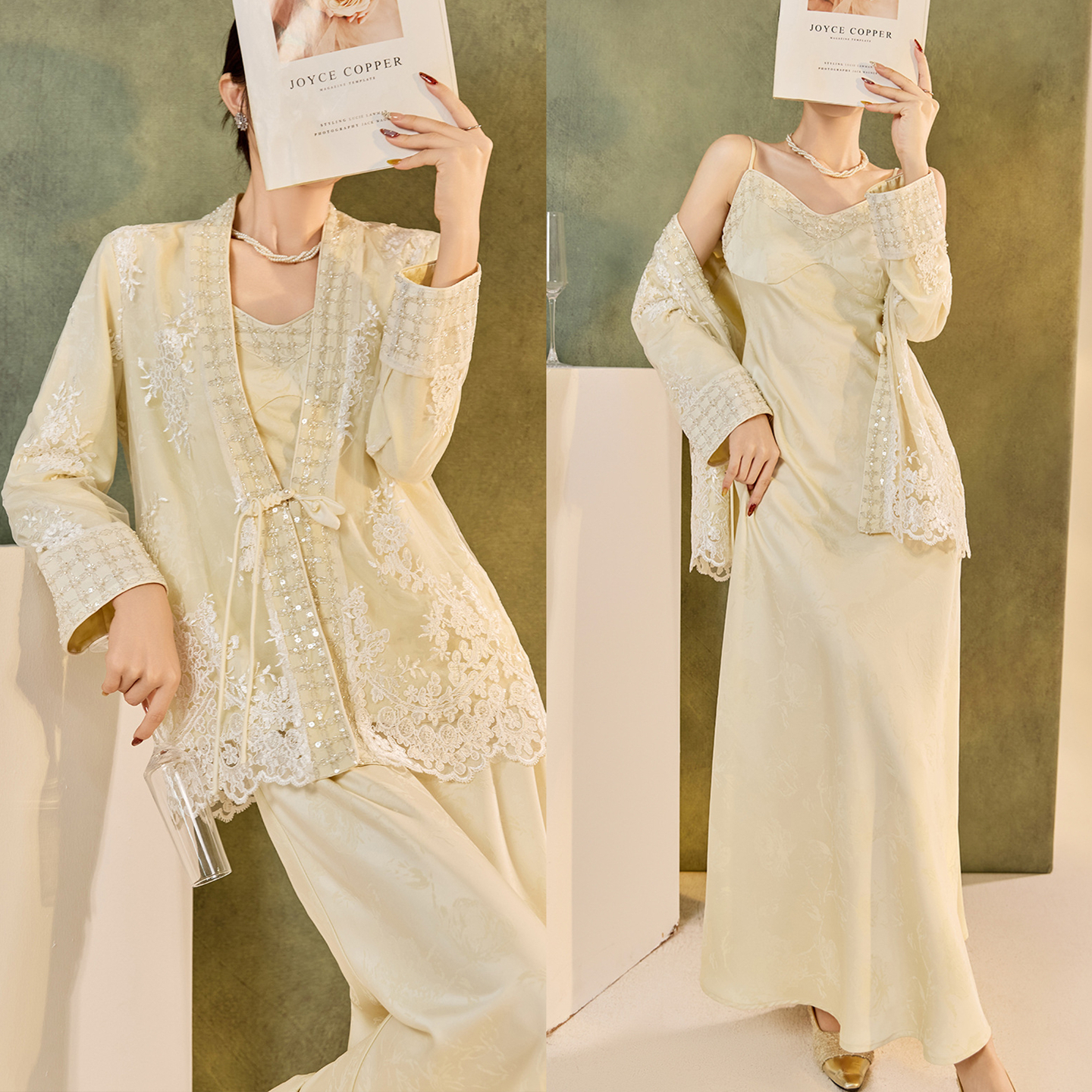 AYOMIS【明月皎皎】重工蕾丝刺绣新中式宽松外套+吊带鱼尾连衣裙