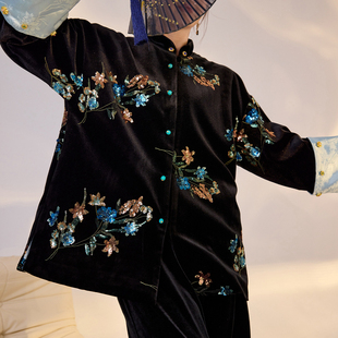 AYOMIS新中式国风重工刺绣花朵亮片外套高级感黑色气质宽松上衣女