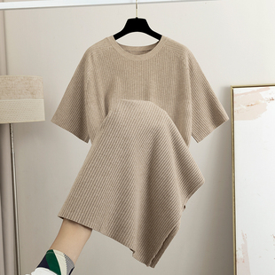 2025秋冬新款针织圆领连衣裙女短袖中长款宽松显瘦过膝打底毛衣裙
