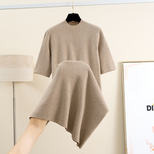 秋冬新款半高领短袖针织连衣裙女中长款宽松显瘦过膝打底毛衣裙子