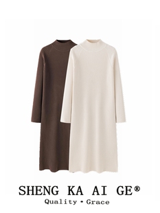 羊毛长袖针织连衣裙女秋冬新款配大衣内搭中长款过膝半高领毛衣裙