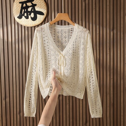 镂空V领长袖配吊裙针织防晒衫薄