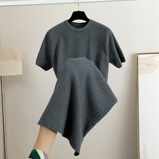 针织圆领短袖连衣裙女秋冬新款过膝中长款显瘦毛衣裙子内搭打底裙