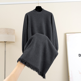 羊毛半高领长袖针织连衣裙女秋冬新款显瘦配大衣过膝内搭打底裙子