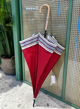 拉夫马儿家！实木手柄！气质红色接边风格！自动防风长柄晴雨伞女