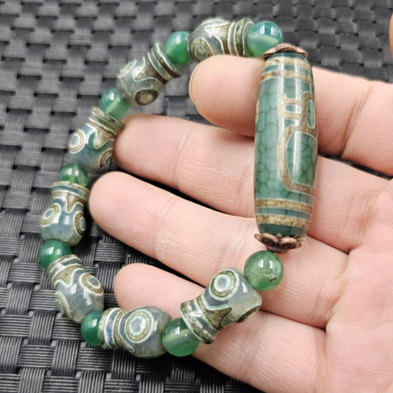 绿人物天珠路路通玉石手链三眼天珠花瓶手链男女通孔手串手饰手环