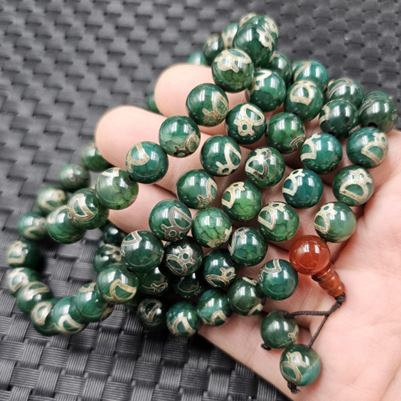 绿人物天珠圆珠玉石手链10毫米绿玛瑙108颗手链多圈手串佛珠手持
