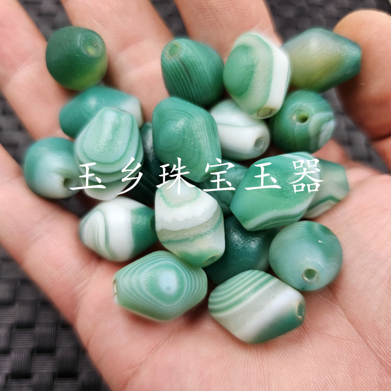 包浆绿缠丝玛瑙路路通玉石散珠哑光玉髓腰鼓珠勒子饰品配件珠子