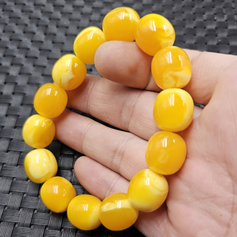 鸡油黄蜜蜡桶珠手链人造蜜蜡路路通手链黄蜜蜡苹果珠手串男女同款