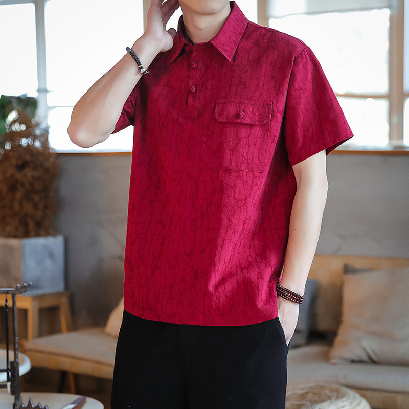 QT715-816-P65风衬衫领短袖提花棉麻T恤男盘扣复古小衫-红图片