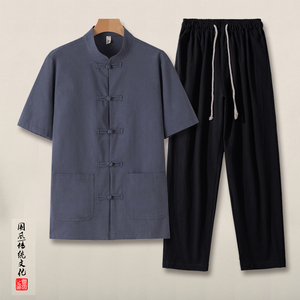 QT715-TZ7010-P90风夏季棉麻衬衫套装男士中式唐装两件套-黑图片