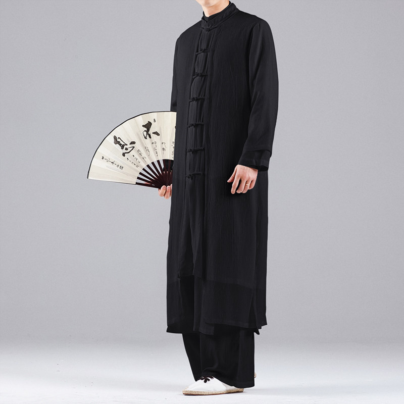 QT715-A2-P135风开衫禅修茶服仙气飘飘汉服盘扣长款唐装-白,男装风衣,钱塘715