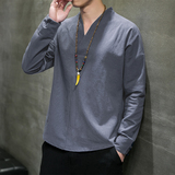 QT715-7029-P40风春秋棉麻长袖T恤中式复古汉服打底唐装-白，男装T恤，钱塘715