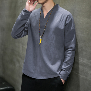 QT715-7029-P40风春秋棉麻长袖T恤中式复古汉服打底唐装-白图片