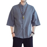 QT715-C7210-P55夏季风棉麻短衬衫盘扣唐装中式五分袖衬衣-白，男装衬衫，钱塘715