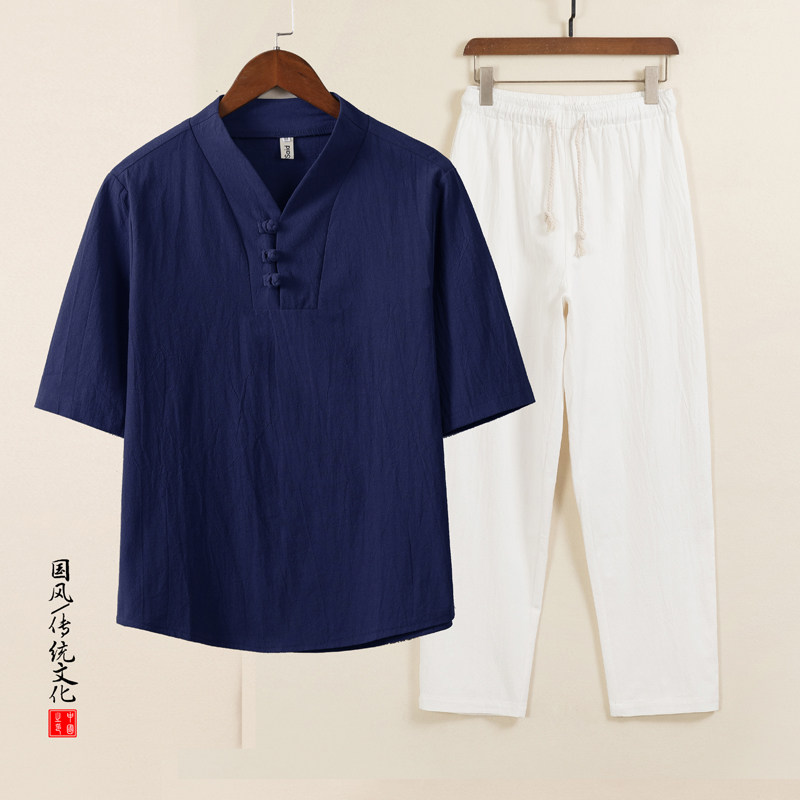QT715-TZ7026-P73风套装男士棉麻短袖T恤盘扣两件套-8,男装T恤,钱塘715