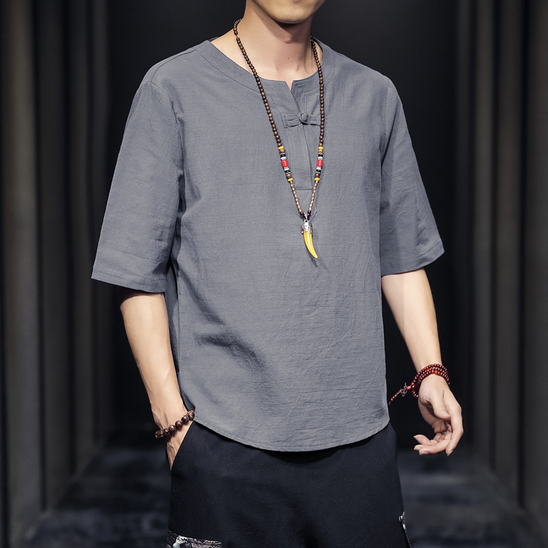 QT715-7025-P35夏季风V领汉服七分袖T恤棉麻男短袖体恤-灰图片