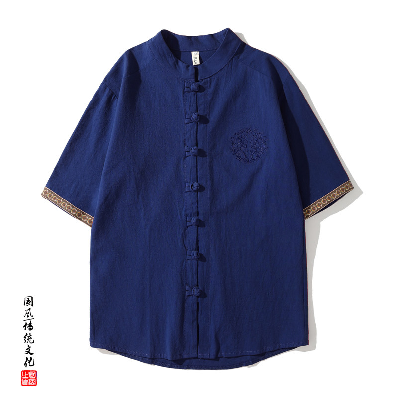QT715-C7013-P50夏季新中式风中山装衬衫男短袖棉麻刺绣衬衣2,男装衬衫,钱塘715