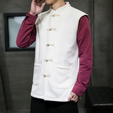 QT715-805-P65风秋冬棉麻加绒加厚马甲男中式复古唐装背心-黑，男装背心/马甲，钱塘715