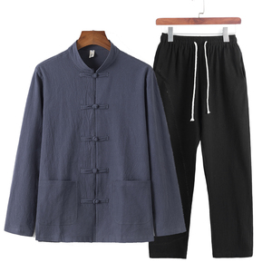 QT715-TZ7019-P100風(fēng)春秋棉麻襯衫套裝男士中式唐裝兩件套-4圖片