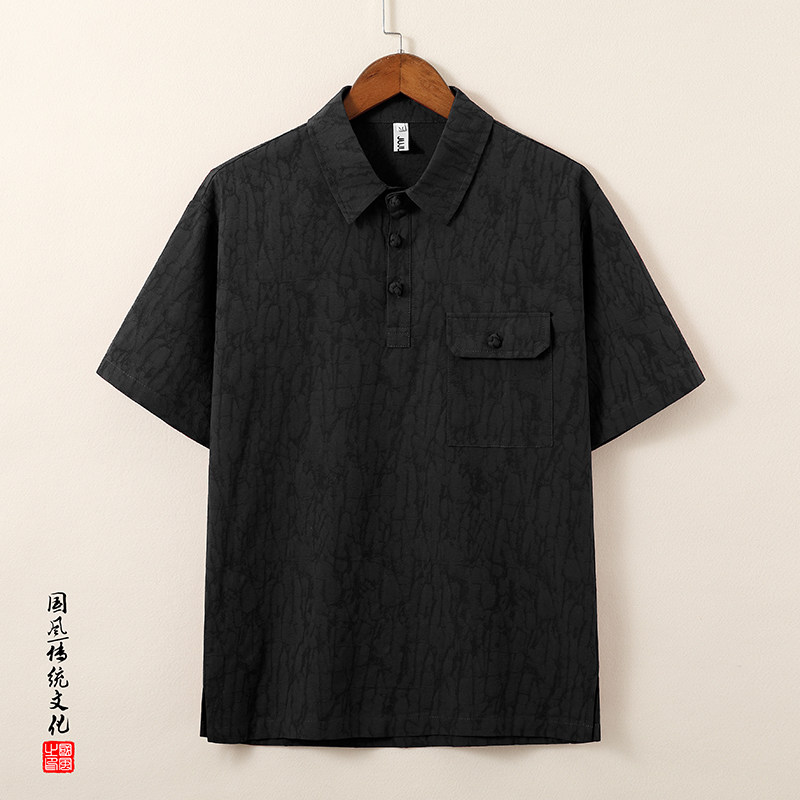 QT715-T816-P65风棉麻提花短袖T恤男复古衬衫领小衫-灰,男装T恤,钱塘715