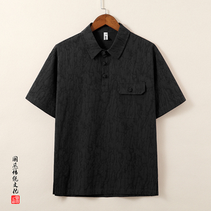 QT715-T816-P65风棉麻提花短袖T恤男复古衬衫领小衫-灰图片