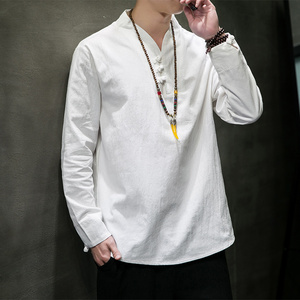 QT715-8602-P45风棉麻长袖T恤中式V领盘扣汉服打底唐装-蓝图片