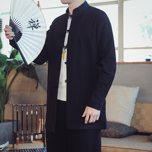 QT715-7211-P65風秋棉麻長袖立領襯衫中長款風衣復古中式-灰圖片