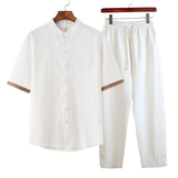 QT715-tz7056-P80风棉麻短袖衬衫两件套装-白，男装T恤，钱塘715