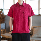 QT715-816-P65风衬衫领短袖提花棉麻T恤男盘扣复古小衫-灰，男装T恤，钱塘715