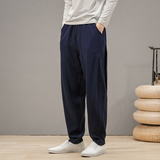 QT715-K7106-P65风亚麻长裤直筒裤松紧腰中青年透气裤子大-麻，男装休闲裤，钱塘715