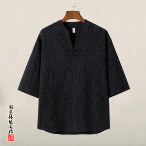 QT715-T1-P60夏季风提花盘扣唐装中式复古短袖T恤男七分袖-黑,小学生60人合唱服装怎么搭配图片