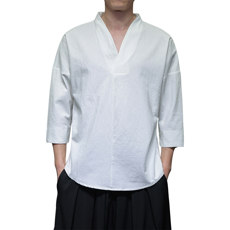 QT715-7022-特P25风夏季棉麻汉服T恤男七分袖宽松七分袖T恤-3,男装T恤,钱塘715