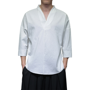 QT715-7022-特P25风夏季棉麻汉服T恤男七分袖宽松七分袖T恤-3图片