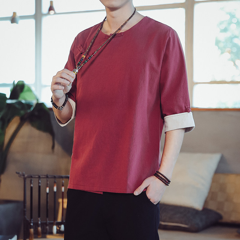 QT715-7221-P60风夏季短袖汉服衬衫男盘扣古装唐装-灰,男装衬衫,钱塘715