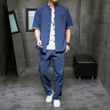 QT715-7056-P80夏季风棉麻套装男短袖衬衫长裤套装-黑，男装T恤，钱塘715