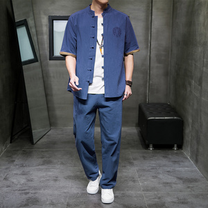 QT715-7056-P80夏季风棉麻套装男短袖衬衫长裤套装-黑图片