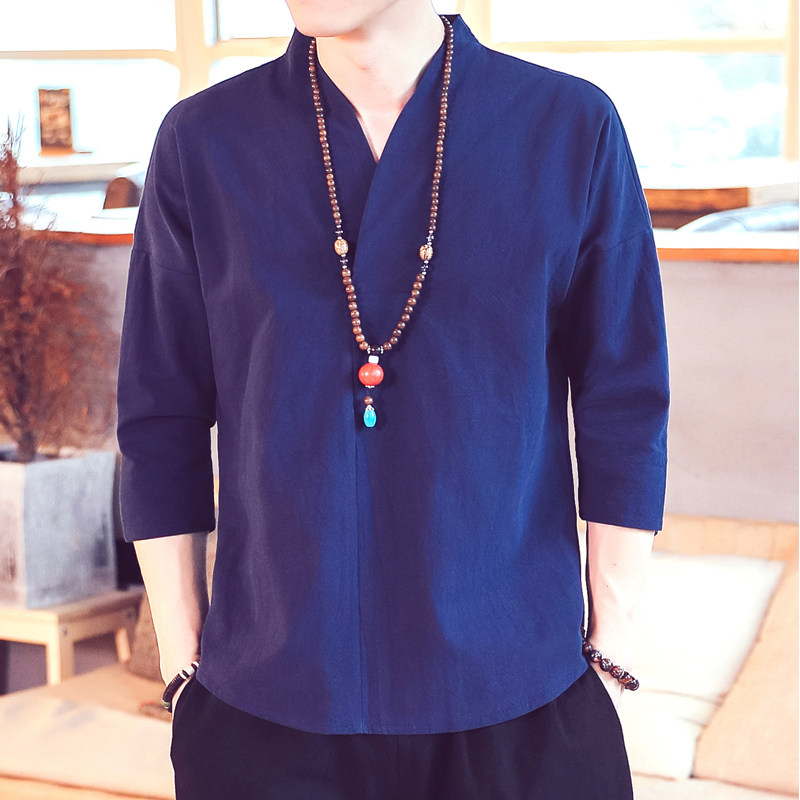 QT715-7022-特P25夏季风V领汉服七分袖T恤棉麻男短袖体恤-蓝，男装T恤，钱塘715