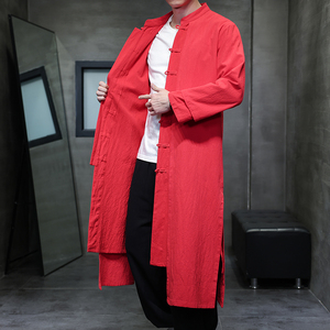 QT715-827-P130风春秋款棉麻中长款汉服假两件复古风衣唐装红图片