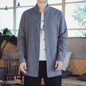 QT715-7211-P65風(fēng)秋棉麻長(zhǎng)袖立領(lǐng)襯衫中長(zhǎng)款風(fēng)衣復(fù)古中式-灰圖片