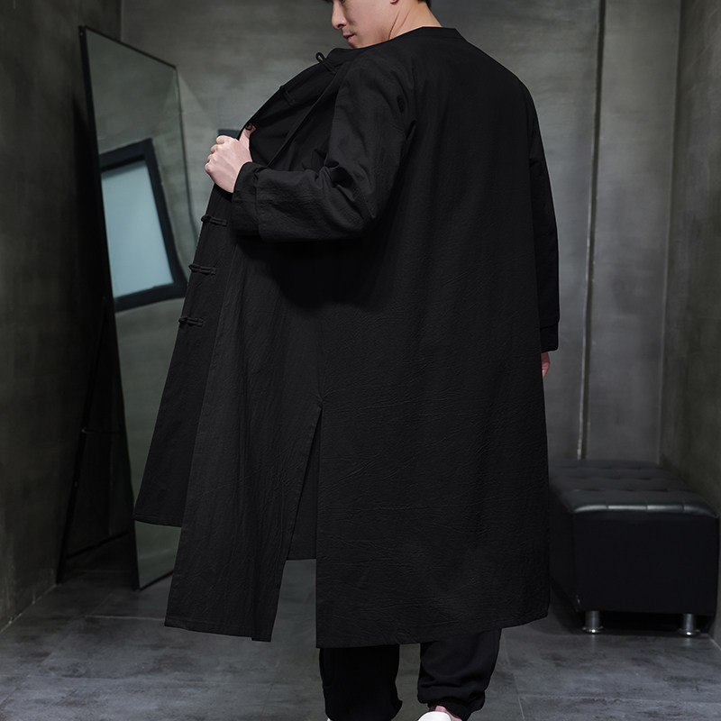 QT715-827-P130风春秋款棉麻中长款汉服假两件复古风衣唐装红,男装风衣,钱塘715