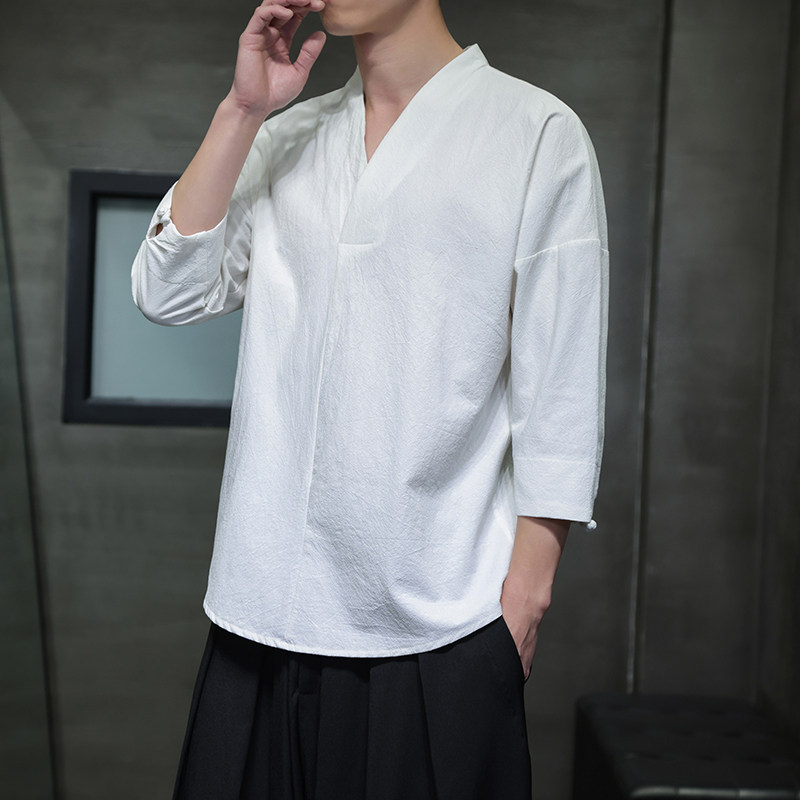 QT715-7022-特P25风夏季棉麻汉服T恤男七分袖宽松七分袖T恤-3,男装T恤,钱塘715