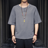 QT715-7025-P35夏季风V领汉服七分袖T恤棉麻男短袖体恤-蓝，男装T恤，钱塘715