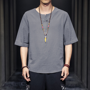 QT715-7025-P35夏季风V领汉服七分袖T恤棉麻男短袖体恤-蓝图片